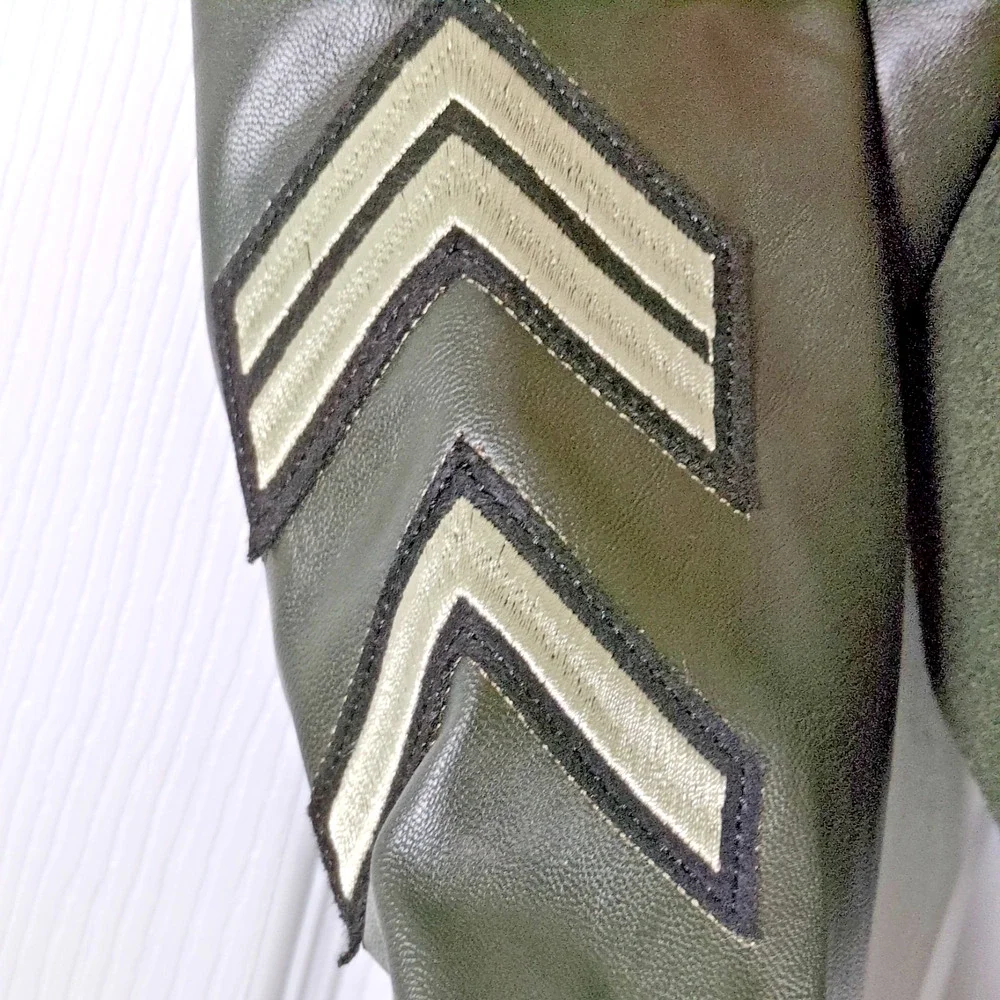 Ring of Fire Boys HANAN Varsity Jacket Patches Olive Green Faux Leather S 8